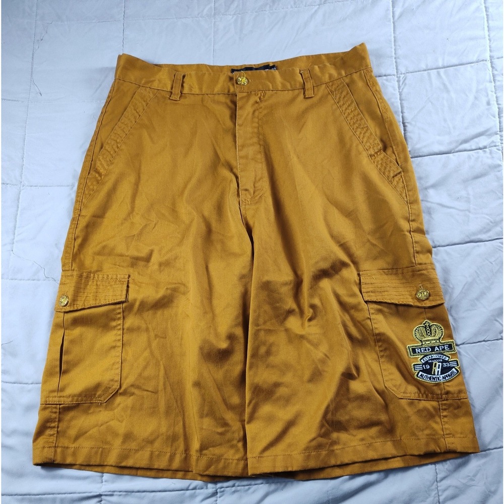 Red Ape Cargo Shorts Mens 32 Mustard Yellow Embroidered Crest Utility